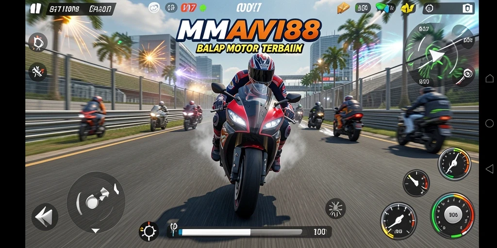Screenshot gameplay menampilkan aksi balapan motor yang mendebarkan.