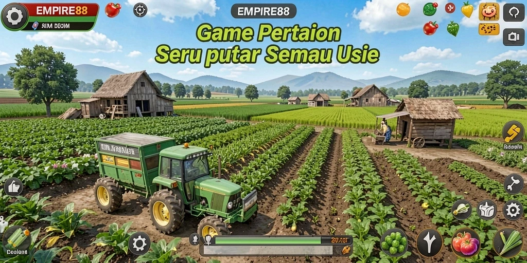 Tangkapan layar gameplay EMPIRE88 menampilkan lahan pertanian yang indah dan tanaman yang subur.