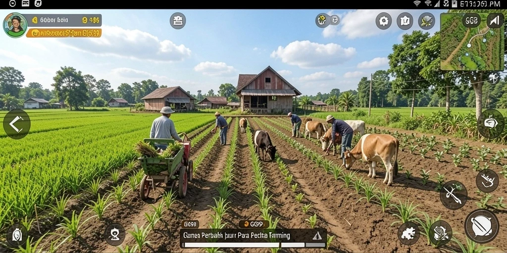 Tampilan gameplay GG99 menampilkan ladang yang subur dan hewan yang lucu.