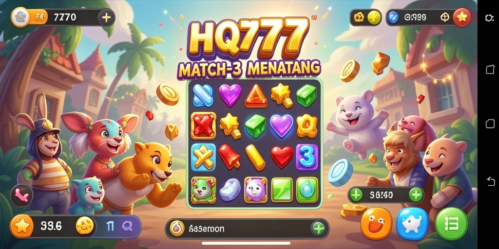 Screenshot utama HQ777 menampilkan gameplay Match-3 yang seru dan penuh warna.