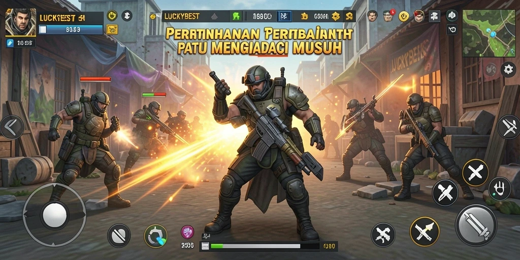 Tampilan gameplay LUCKYBEST yang menarik dengan menara dan musuh.